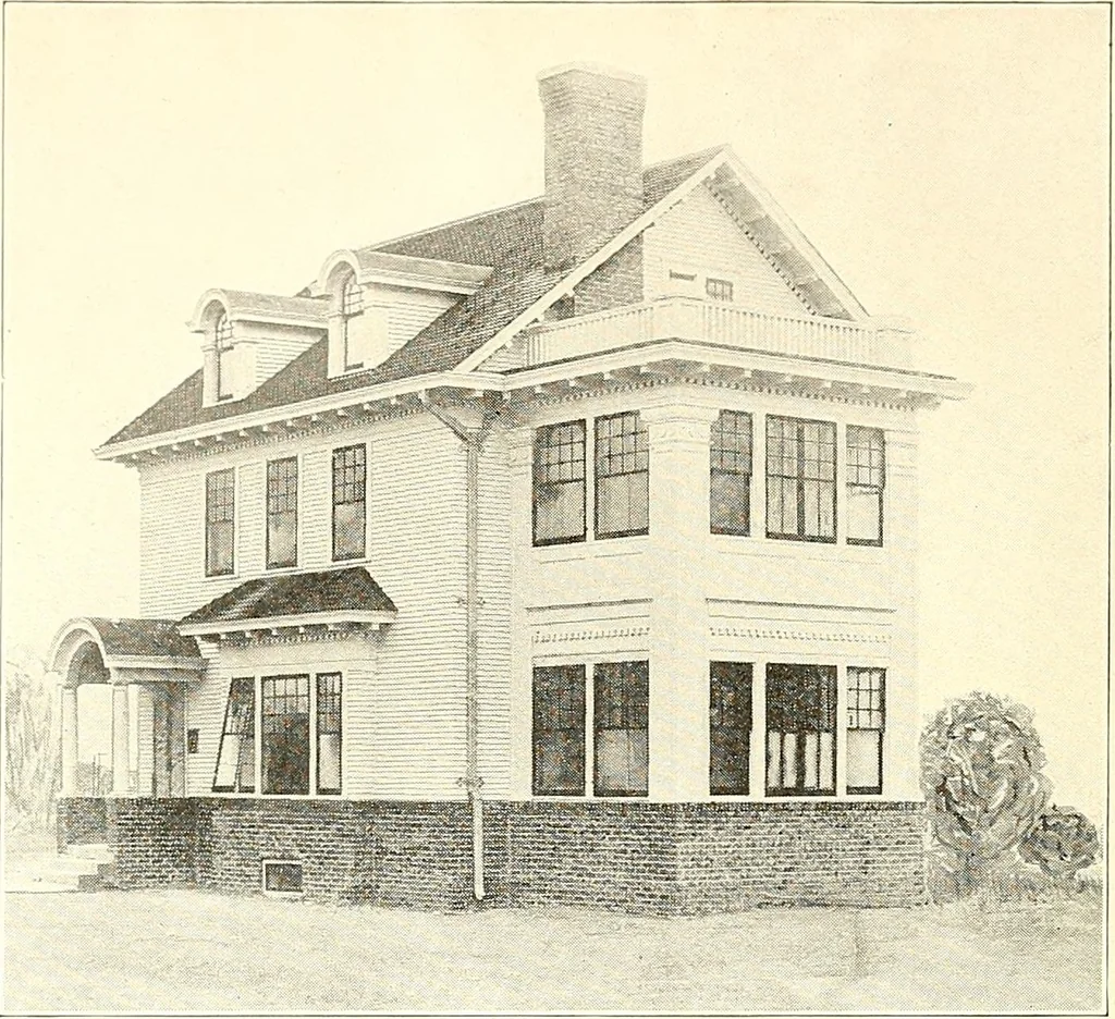 An illustration from The plan book of American dwellings : being a compilation of original home designs, showing actual photographic exteriors and floor plans of moderately priced bungalows, cottages, residences, 1914, leaf 35