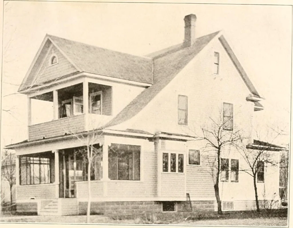 An illustration from The plan book of American dwellings : being a compilation of original home designs, showing actual photographic exteriors and floor plans of moderately priced bungalows, cottages, residences, 1914, leaf 38