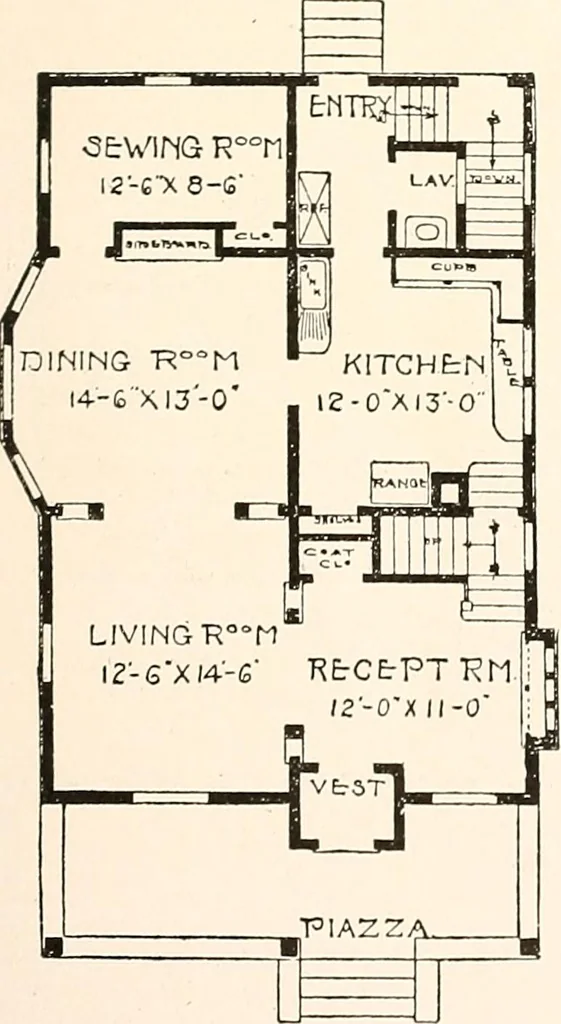 An illustration from The plan book of American dwellings : being a compilation of original home designs, showing actual photographic exteriors and floor plans of moderately priced bungalows, cottages, residences, 1914, leaf 38