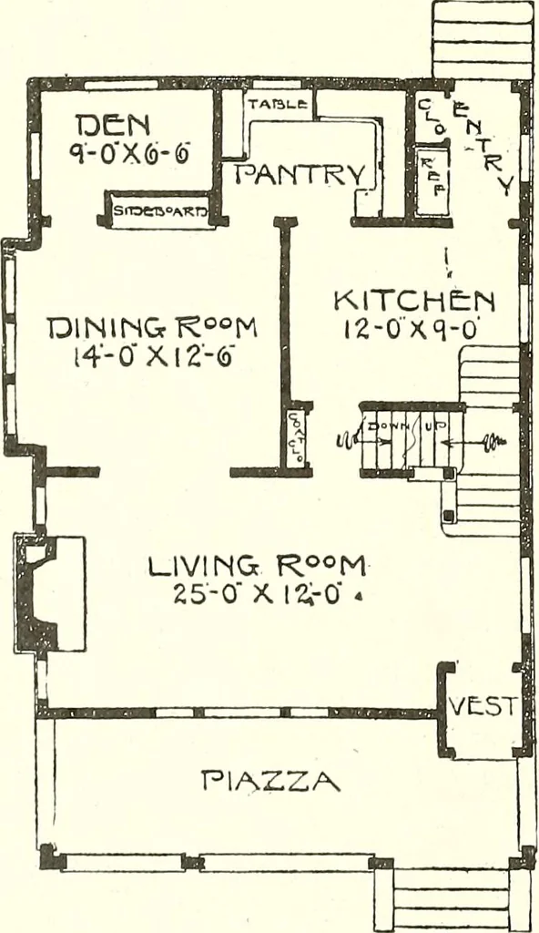 An illustration from The plan book of American dwellings : being a compilation of original home designs, showing actual photographic exteriors and floor plans of moderately priced bungalows, cottages, residences, 1914, leaf 39