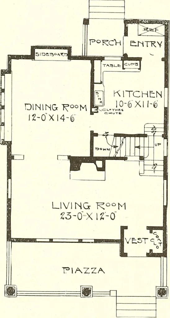 An illustration from The plan book of American dwellings : being a compilation of original home designs, showing actual photographic exteriors and floor plans of moderately priced bungalows, cottages, residences, 1914, leaf 41