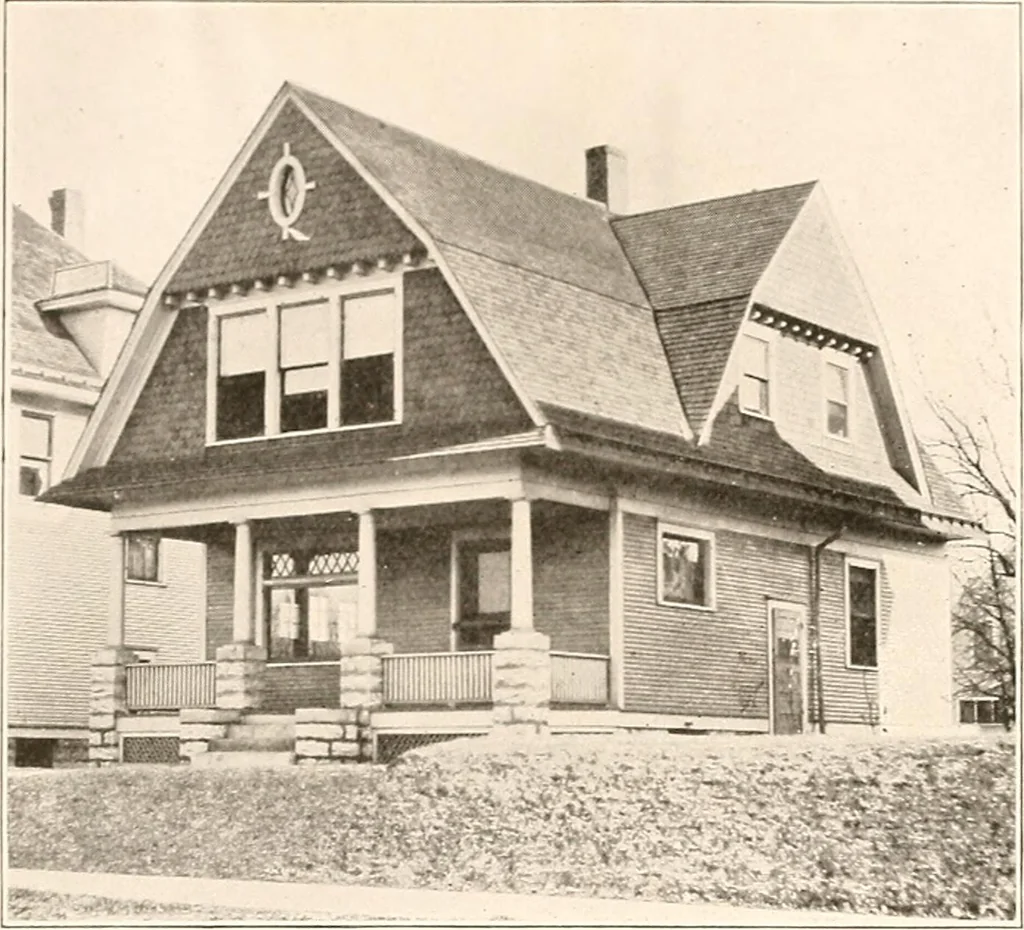An illustration from The plan book of American dwellings : being a compilation of original home designs, showing actual photographic exteriors and floor plans of moderately priced bungalows, cottages, residences, 1914, leaf 42