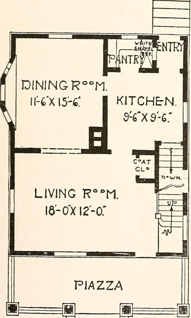 An illustration from The plan book of American dwellings : being a compilation of original home designs, showing actual photographic exteriors and floor plans of moderately priced bungalows, cottages, residences, 1914, leaf 42