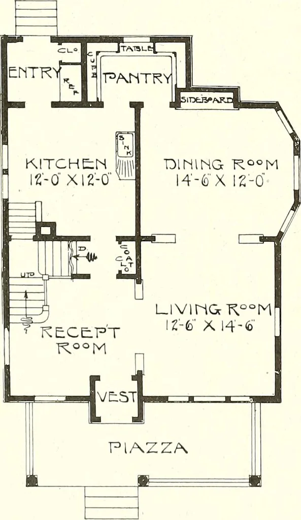 An illustration from The plan book of American dwellings : being a compilation of original home designs, showing actual photographic exteriors and floor plans of moderately priced bungalows, cottages, residences, 1914, leaf 43