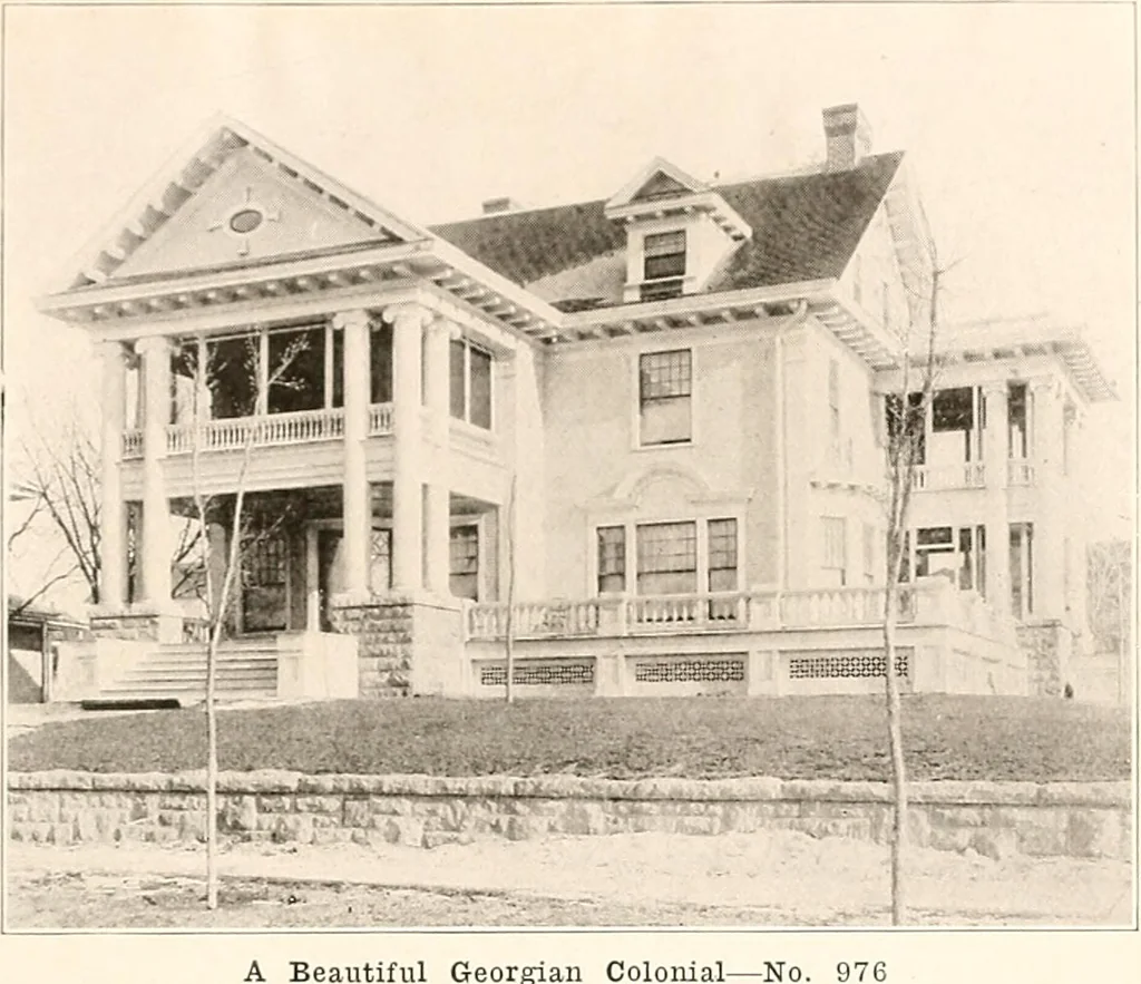 An illustration from The plan book of American dwellings : being a compilation of original home designs, showing actual photographic exteriors and floor plans of moderately priced bungalows, cottages, residences, 1914, leaf 46