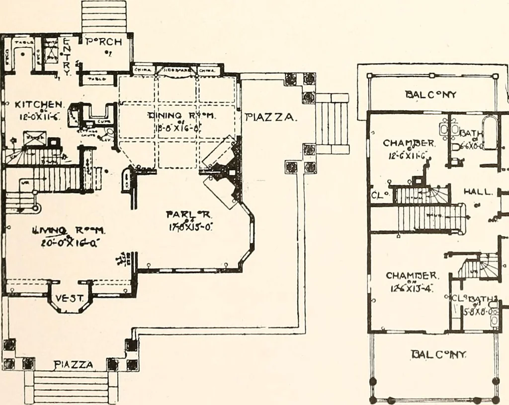 An illustration from The plan book of American dwellings : being a compilation of original home designs, showing actual photographic exteriors and floor plans of moderately priced bungalows, cottages, residences, 1914, leaf 46