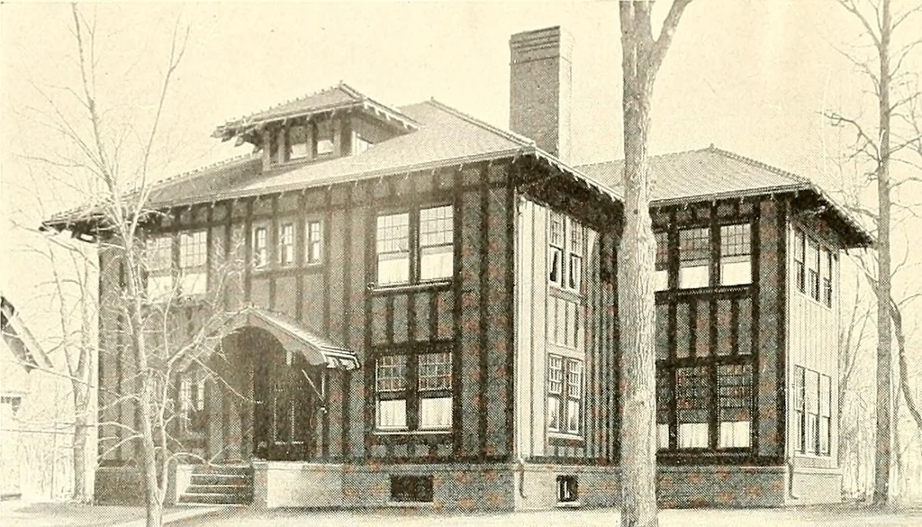 An illustration from The plan book of American dwellings : being a compilation of original home designs, showing actual photographic exteriors and floor plans of moderately priced bungalows, cottages, residences, 1914, leaf 47