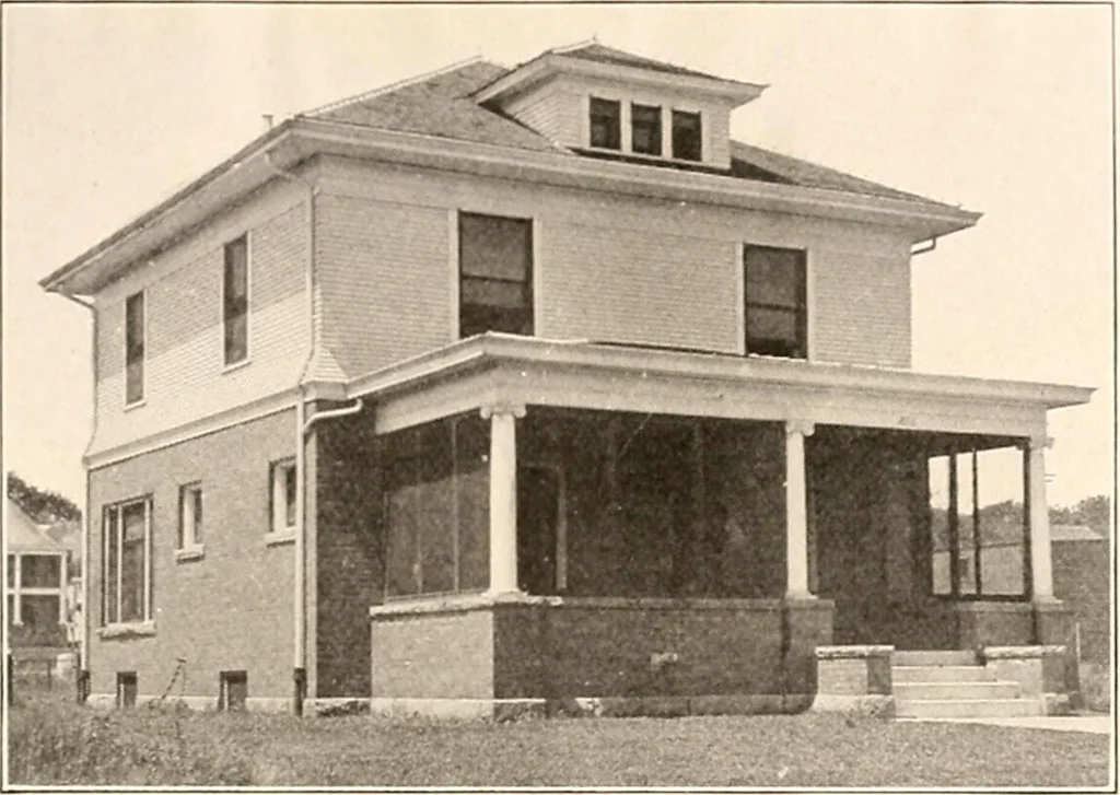 An illustration from The plan book of American dwellings : being a compilation of original home designs, showing actual photographic exteriors and floor plans of moderately priced bungalows, cottages, residences, 1914, leaf 50