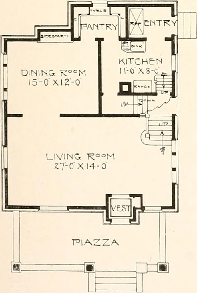 An illustration from The plan book of American dwellings : being a compilation of original home designs, showing actual photographic exteriors and floor plans of moderately priced bungalows, cottages, residences, 1914, leaf 50