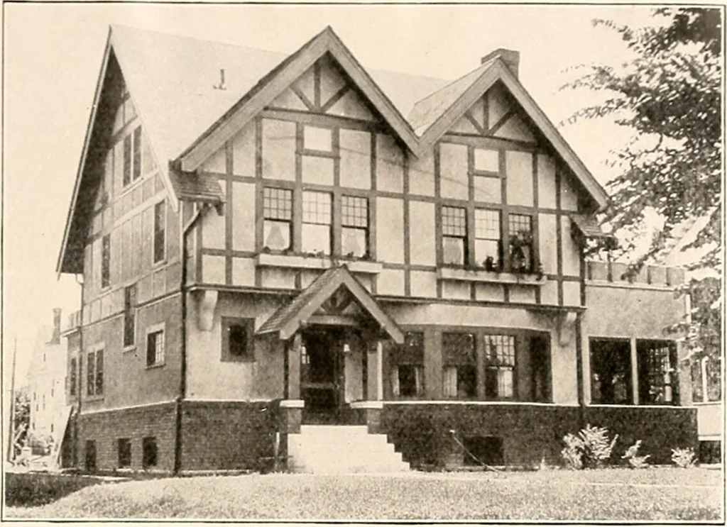 An illustration from The plan book of American dwellings : being a compilation of original home designs, showing actual photographic exteriors and floor plans of moderately priced bungalows, cottages, residences, 1914, leaf 52