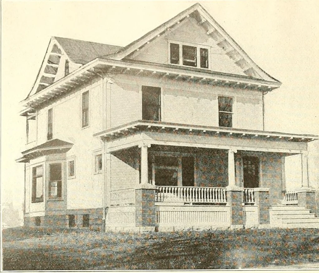 An illustration from The plan book of American dwellings : being a compilation of original home designs, showing actual photographic exteriors and floor plans of moderately priced bungalows, cottages, residences, 1914, leaf 53