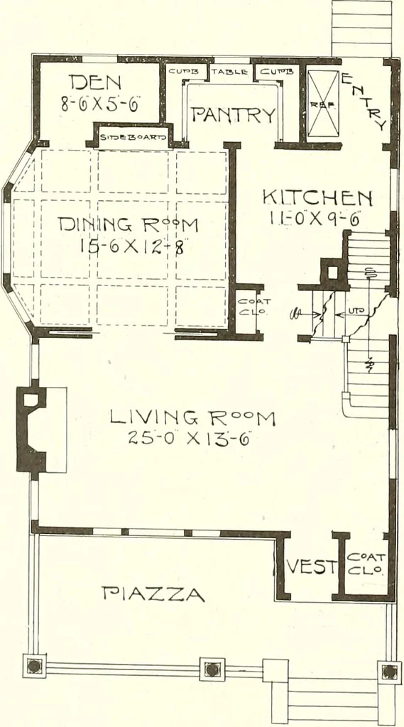 An illustration from The plan book of American dwellings : being a compilation of original home designs, showing actual photographic exteriors and floor plans of moderately priced bungalows, cottages, residences, 1914, leaf 53