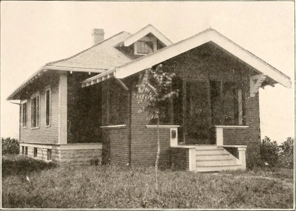 An illustration from The plan book of American dwellings : being a compilation of original home designs, showing actual photographic exteriors and floor plans of moderately priced bungalows, cottages, residences, 1914, leaf 54