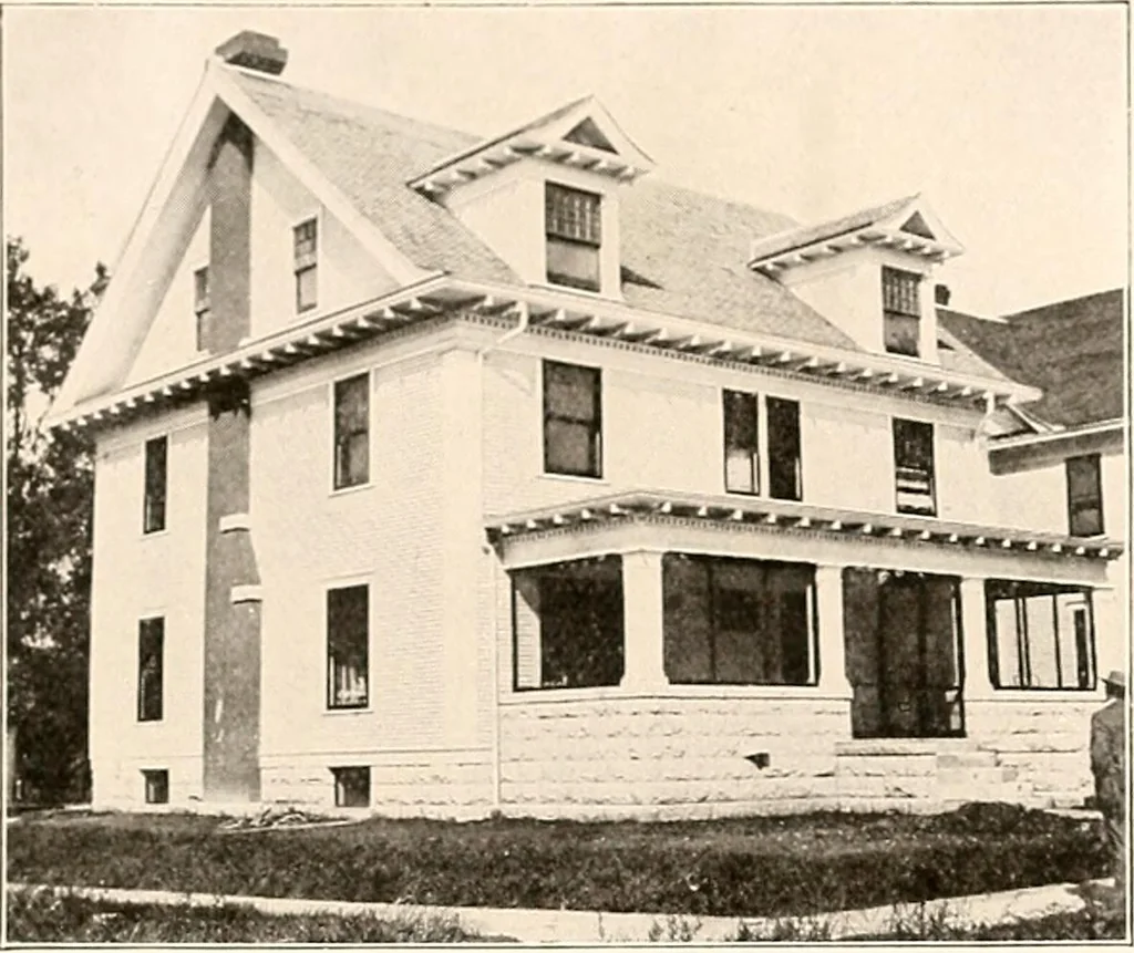 An illustration from The plan book of American dwellings : being a compilation of original home designs, showing actual photographic exteriors and floor plans of moderately priced bungalows, cottages, residences, 1914, leaf 56
