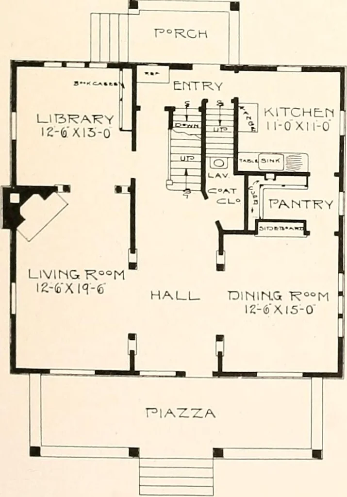 An illustration from The plan book of American dwellings : being a compilation of original home designs, showing actual photographic exteriors and floor plans of moderately priced bungalows, cottages, residences, 1914, leaf 56