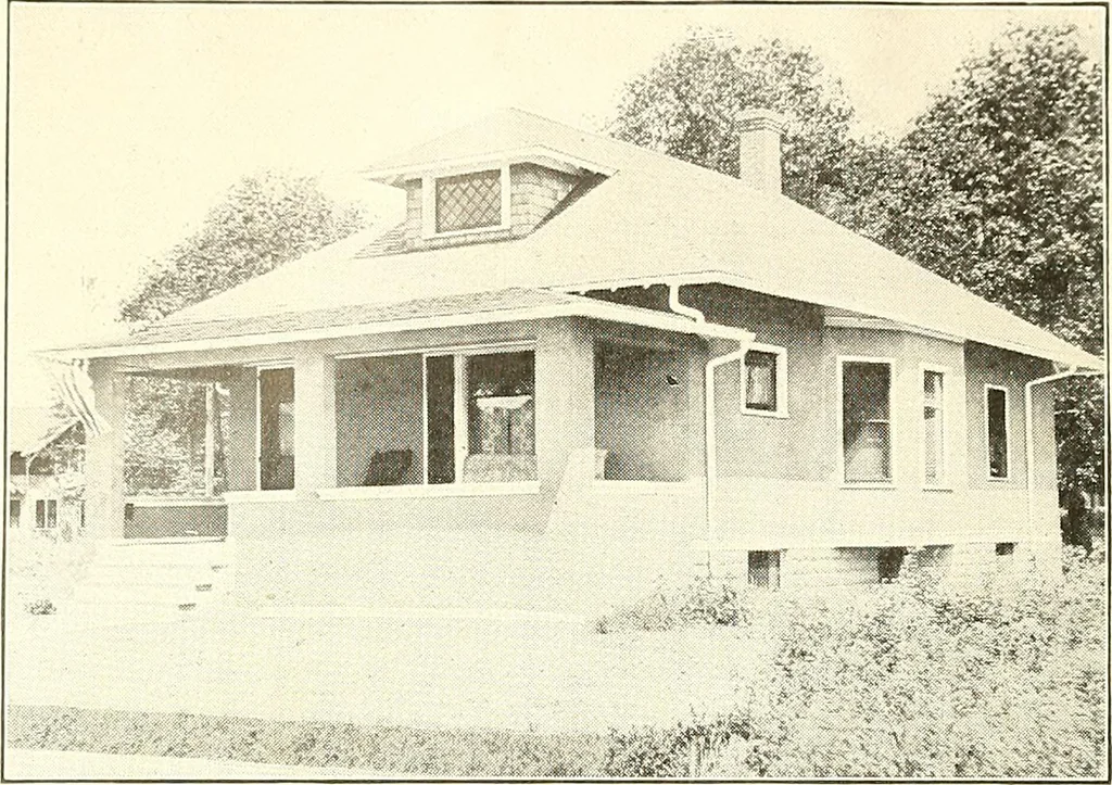 An illustration from The plan book of American dwellings : being a compilation of original home designs, showing actual photographic exteriors and floor plans of moderately priced bungalows, cottages, residences, 1914, leaf 57