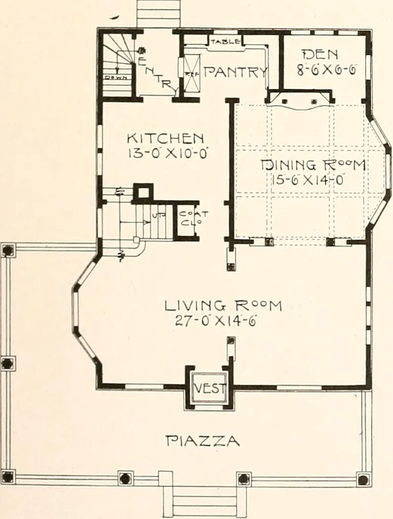 An illustration from The plan book of American dwellings : being a compilation of original home designs, showing actual photographic exteriors and floor plans of moderately priced bungalows, cottages, residences, 1914, leaf 58