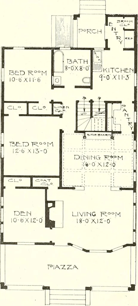 An illustration from The plan book of American dwellings : being a compilation of original home designs, showing actual photographic exteriors and floor plans of moderately priced bungalows, cottages, residences, 1914, leaf 59