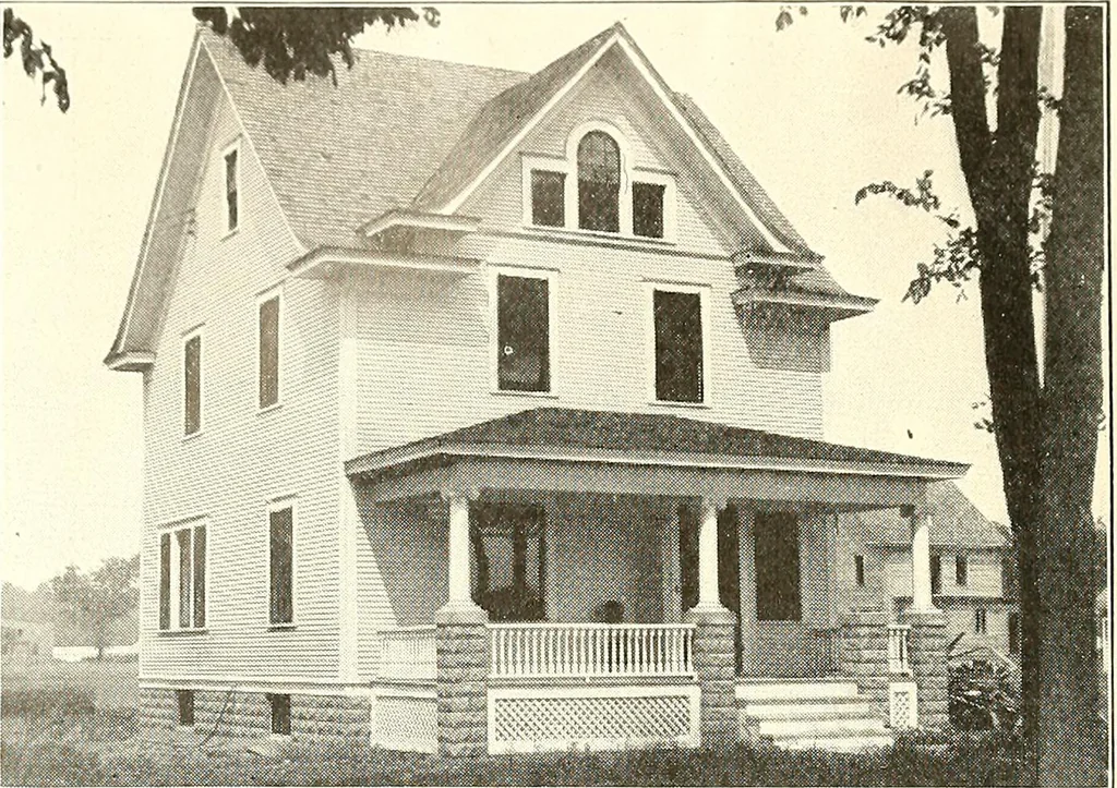An illustration from The plan book of American dwellings : being a compilation of original home designs, showing actual photographic exteriors and floor plans of moderately priced bungalows, cottages, residences, 1914, leaf 61