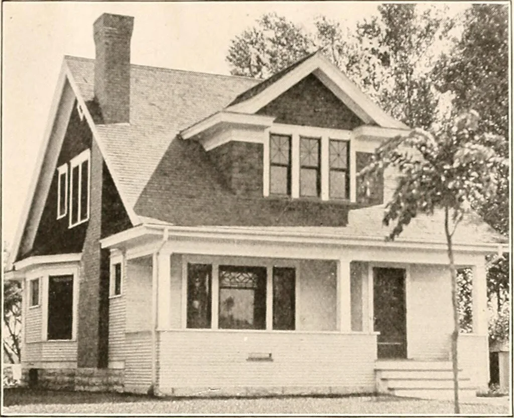 An illustration from The plan book of American dwellings : being a compilation of original home designs, showing actual photographic exteriors and floor plans of moderately priced bungalows, cottages, residences, 1914, leaf 62