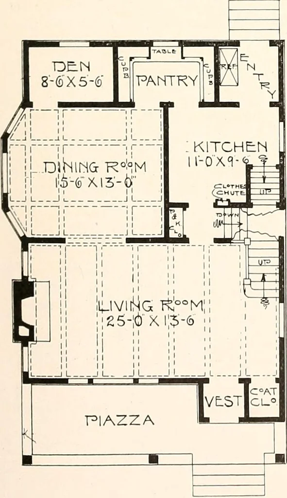 An illustration from The plan book of American dwellings : being a compilation of original home designs, showing actual photographic exteriors and floor plans of moderately priced bungalows, cottages, residences, 1914, leaf 62