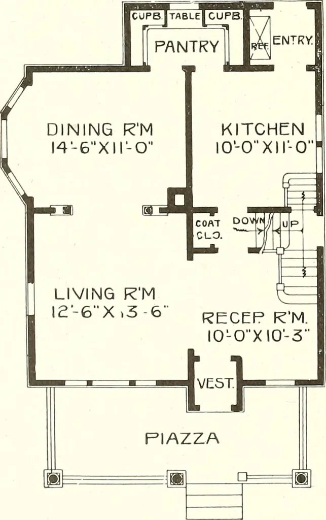An illustration from The plan book of American dwellings : being a compilation of original home designs, showing actual photographic exteriors and floor plans of moderately priced bungalows, cottages, residences, 1914, leaf 65