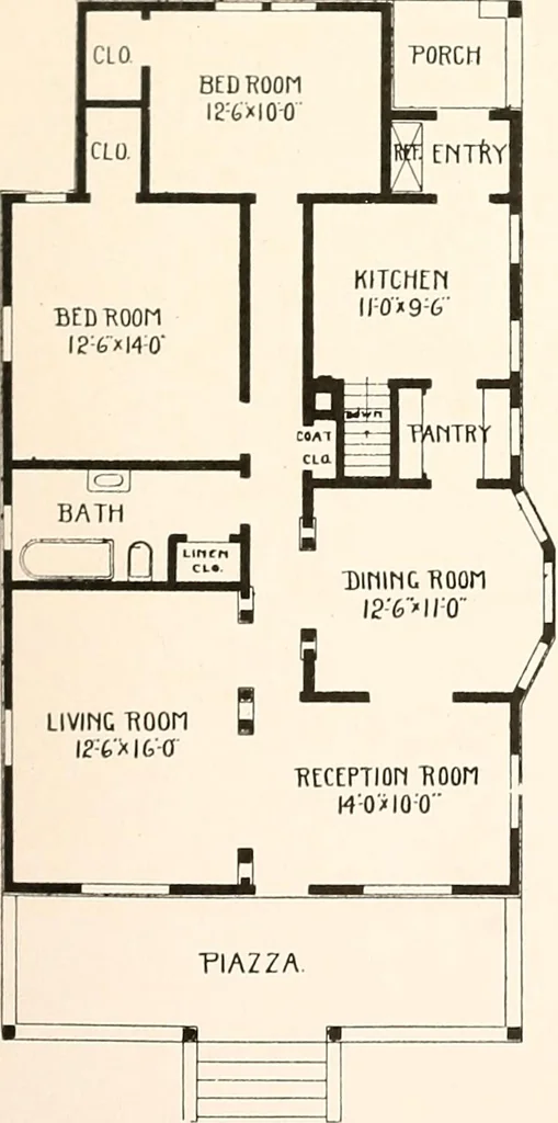 An illustration from The plan book of American dwellings : being a compilation of original home designs, showing actual photographic exteriors and floor plans of moderately priced bungalows, cottages, residences, 1914, leaf 66