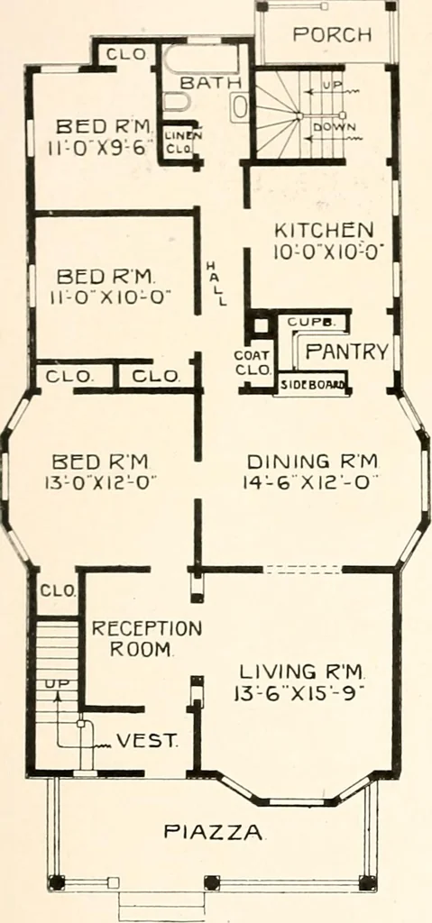 An illustration from The plan book of American dwellings : being a compilation of original home designs, showing actual photographic exteriors and floor plans of moderately priced bungalows, cottages, residences, 1914, leaf 68