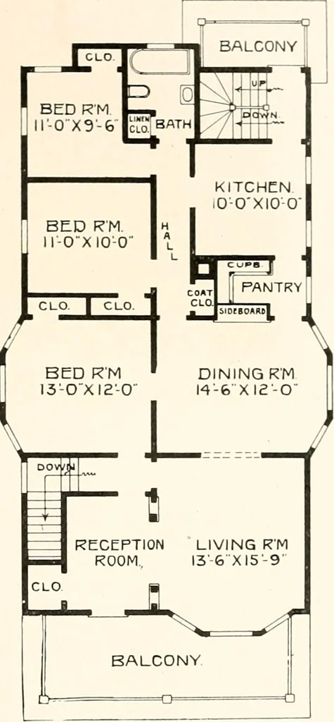 An illustration from The plan book of American dwellings : being a compilation of original home designs, showing actual photographic exteriors and floor plans of moderately priced bungalows, cottages, residences, 1914, leaf 68