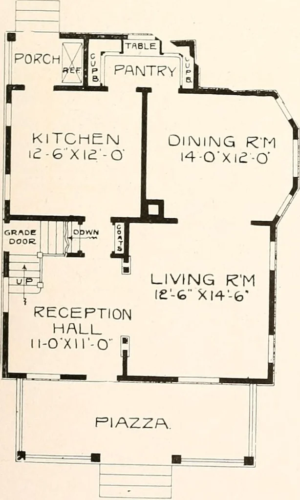 An illustration from The plan book of American dwellings : being a compilation of original home designs, showing actual photographic exteriors and floor plans of moderately priced bungalows, cottages, residences, 1914, leaf 70