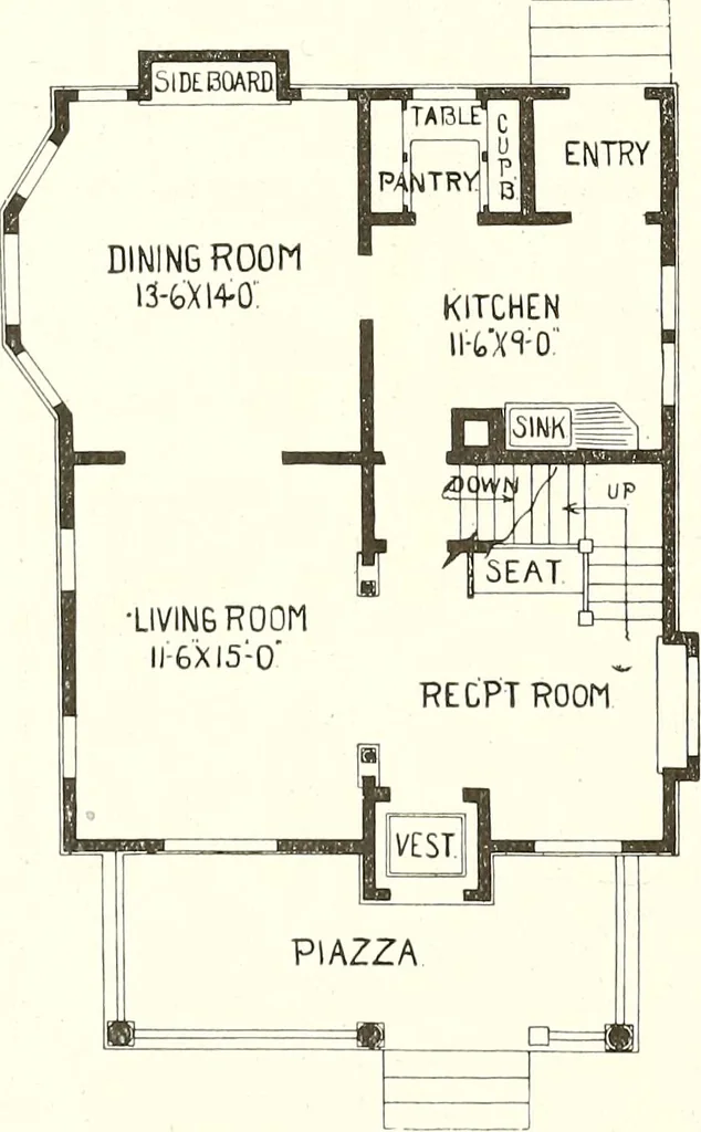 An illustration from The plan book of American dwellings : being a compilation of original home designs, showing actual photographic exteriors and floor plans of moderately priced bungalows, cottages, residences, 1914, leaf 73