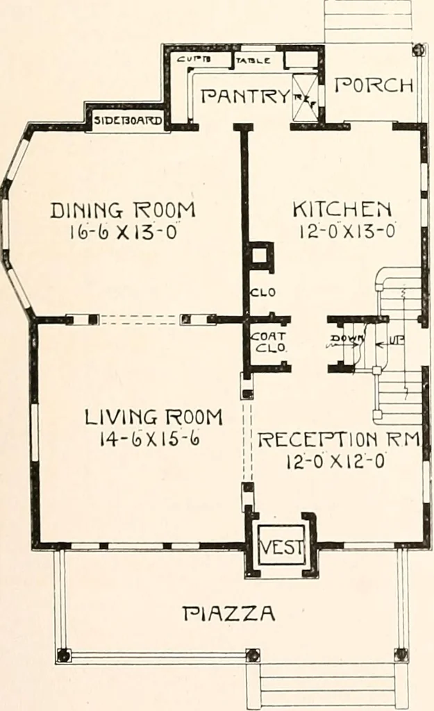An illustration from The plan book of American dwellings : being a compilation of original home designs, showing actual photographic exteriors and floor plans of moderately priced bungalows, cottages, residences, 1914, leaf 74