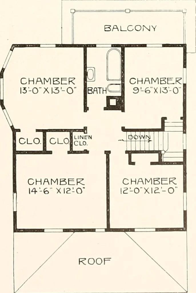 An illustration from The plan book of American dwellings : being a compilation of original home designs, showing actual photographic exteriors and floor plans of moderately priced bungalows, cottages, residences, 1914, leaf 74