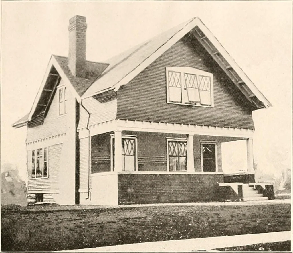 An illustration from The plan book of American dwellings : being a compilation of original home designs, showing actual photographic exteriors and floor plans of moderately priced bungalows, cottages, residences, 1914, leaf 76