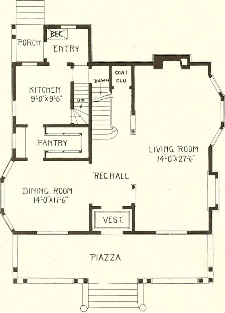 An illustration from The plan book of American dwellings : being a compilation of original home designs, showing actual photographic exteriors and floor plans of moderately priced bungalows, cottages, residences, 1914, leaf 77