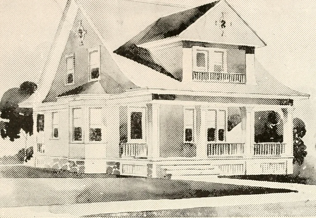 An illustration from The plan book of American dwellings : being a compilation of original home designs, showing actual photographic exteriors and floor plans of moderately priced bungalows, cottages, residences, 1914, leaf 82