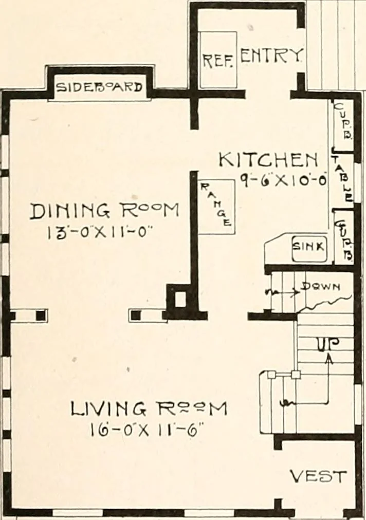 An illustration from The plan book of American dwellings : being a compilation of original home designs, showing actual photographic exteriors and floor plans of moderately priced bungalows, cottages, residences, 1914, leaf 84