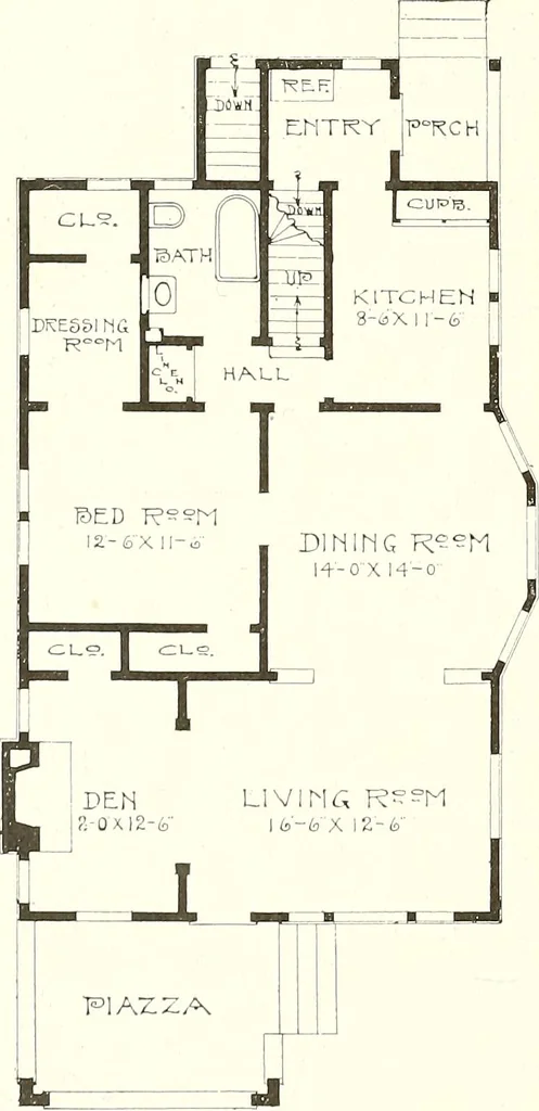 An illustration from The plan book of American dwellings : being a compilation of original home designs, showing actual photographic exteriors and floor plans of moderately priced bungalows, cottages, residences, 1914, leaf 85