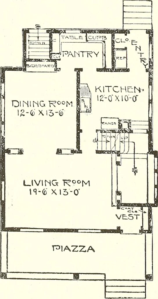 An illustration from The plan book of American dwellings : being a compilation of original home designs, showing actual photographic exteriors and floor plans of moderately priced bungalows, cottages, residences, 1914, leaf 87
