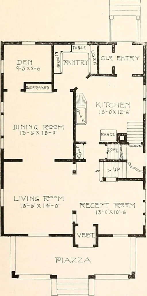 An illustration from The plan book of American dwellings : being a compilation of original home designs, showing actual photographic exteriors and floor plans of moderately priced bungalows, cottages, residences, 1914, leaf 88