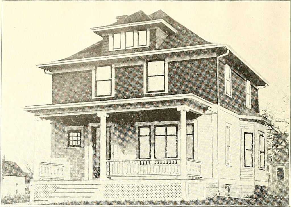 An illustration from The plan book of American dwellings : being a compilation of original home designs, showing actual photographic exteriors and floor plans of moderately priced bungalows, cottages, residences, 1914, leaf 89