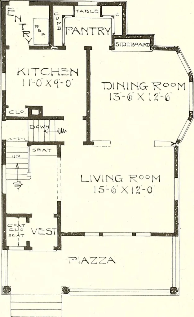 An illustration from The plan book of American dwellings : being a compilation of original home designs, showing actual photographic exteriors and floor plans of moderately priced bungalows, cottages, residences, 1914, leaf 89