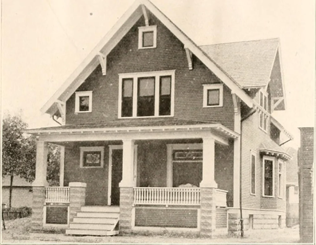 An illustration from The plan book of American dwellings : being a compilation of original home designs, showing actual photographic exteriors and floor plans of moderately priced bungalows, cottages, residences, 1914, leaf 90