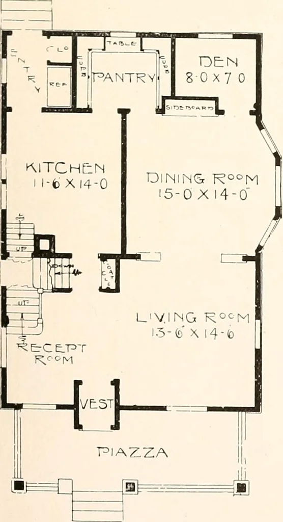 An illustration from The plan book of American dwellings : being a compilation of original home designs, showing actual photographic exteriors and floor plans of moderately priced bungalows, cottages, residences, 1914, leaf 90