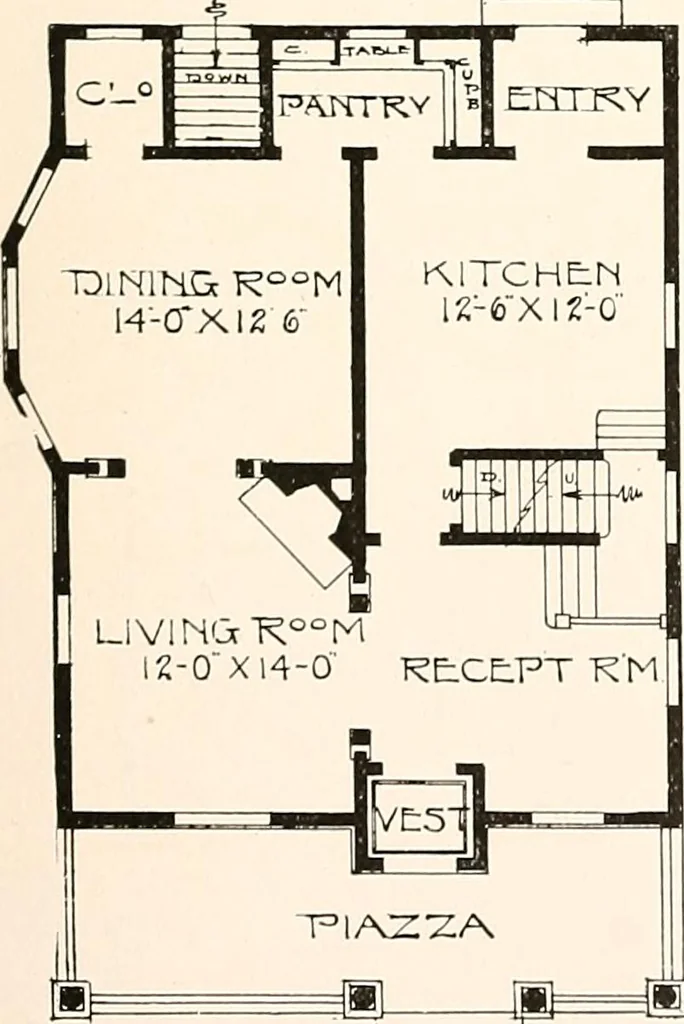 An illustration from The plan book of American dwellings : being a compilation of original home designs, showing actual photographic exteriors and floor plans of moderately priced bungalows, cottages, residences, 1914, leaf 92