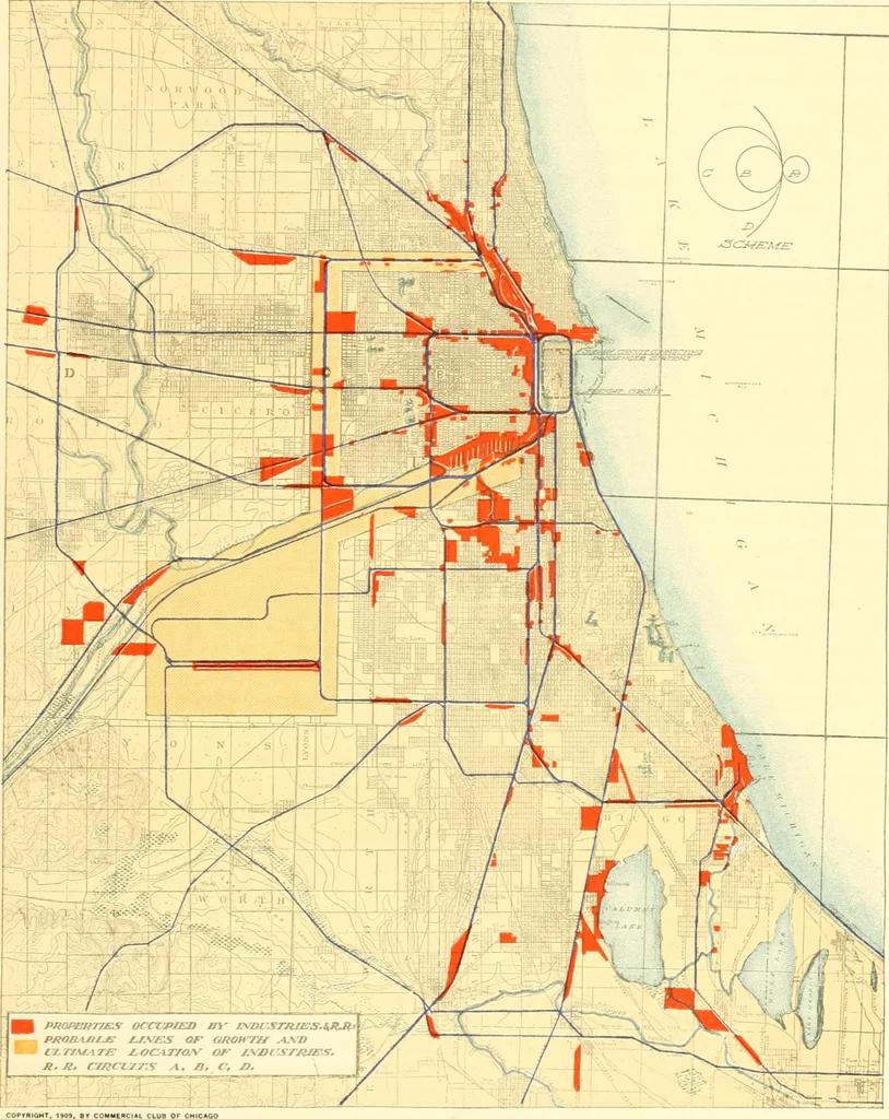 An illustration from Plan of Chicago prepared under the direction of the Commercial club during the years 1906, 1907, and 1908, 1909, leaf 112