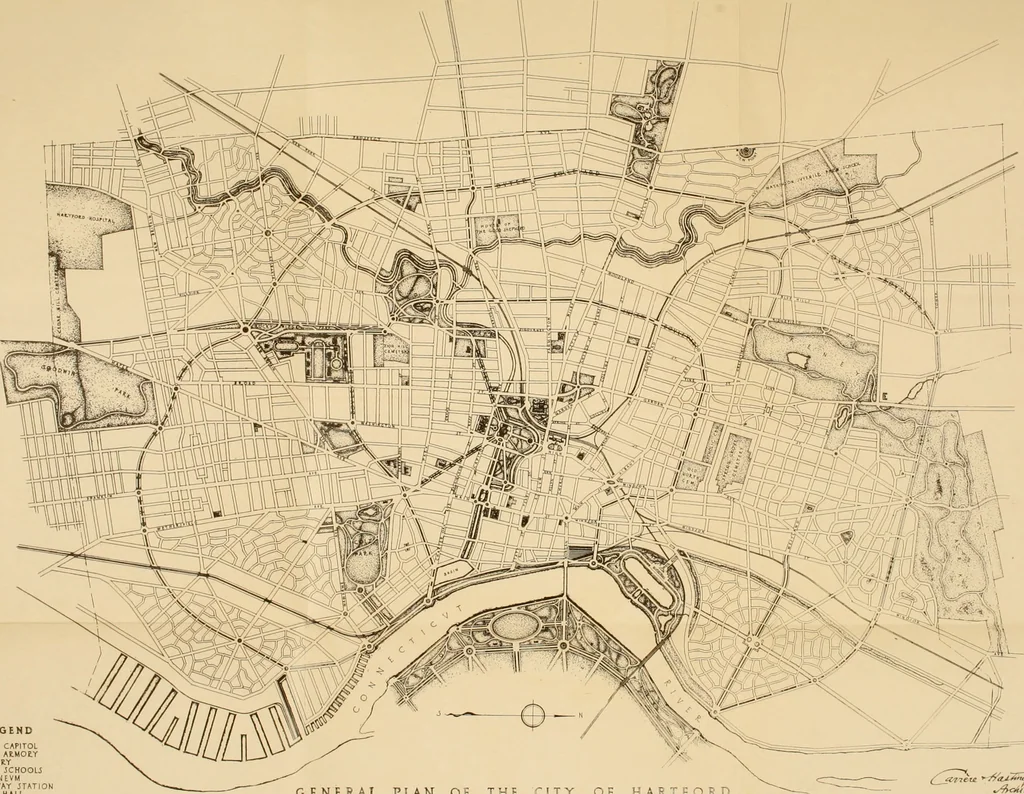 An illustration from A plan of the city of Hartford. Preliminary report by Carrere & Hastings, advisory architects, to the Commission on the city plan of the city of Hartford, Connecticut, in relation to the rectification of the present plan and the development and extension of the city, 1912, leaf 26