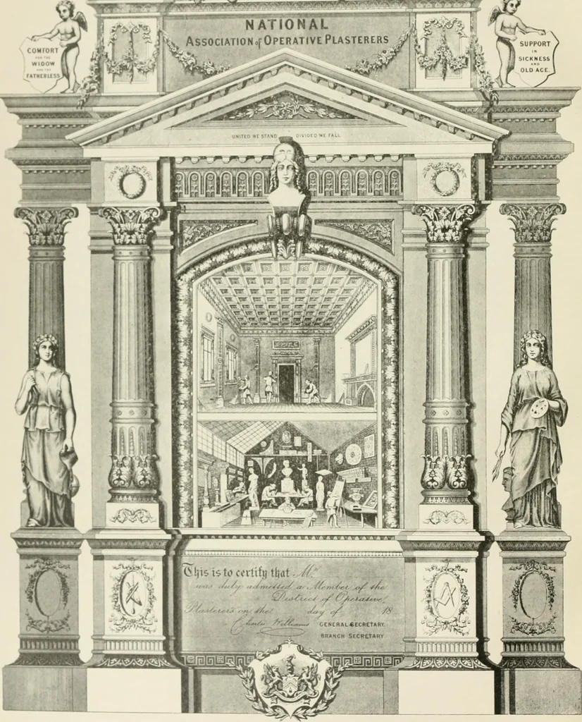 An illustration from Plastering, plain and decorative. A practical treatise on the art & craft of plastering and modelling, including full descriptions of the various tools, materials, processes, and appliances employed ... together with an account of historical plastering in England, Scotland, and Ireland, accompanied by numerous examples, 1899, leaf 11