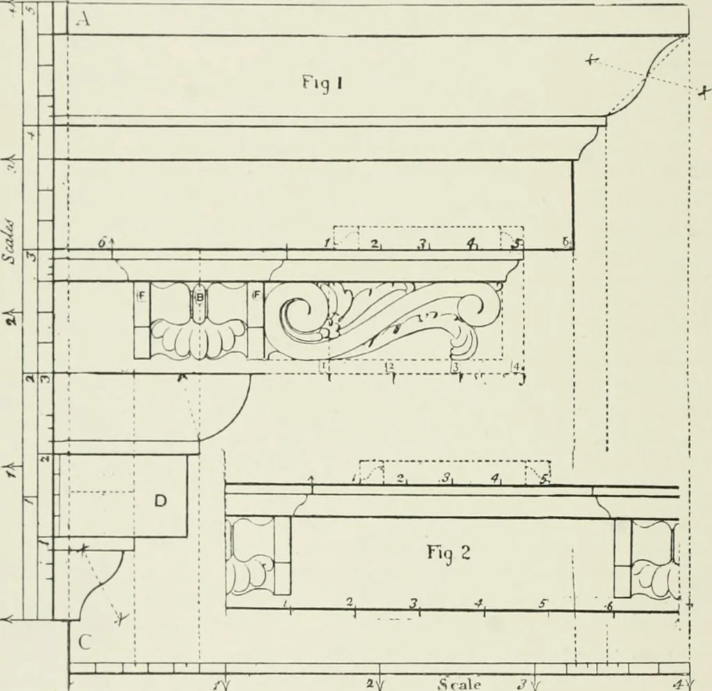 An illustration from Plastering, plain and decorative. A practical treatise on the art & craft of plastering and modelling, including full descriptions of the various tools, materials, processes, and appliances employed ... together with an account of historical plastering in England, Scotland, and Ireland, accompanied by numerous examples, 1899, leaf 197