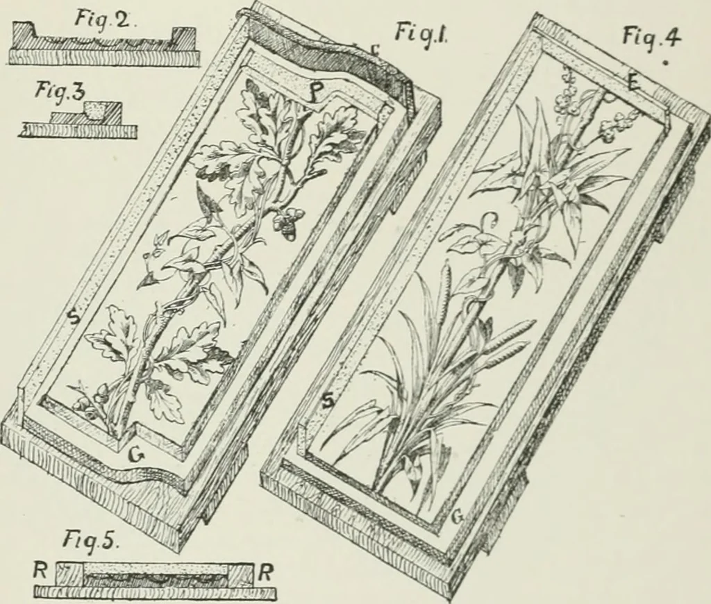 An illustration from Plastering, plain and decorative. A practical treatise on the art & craft of plastering and modelling, including full descriptions of the various tools, materials, processes, and appliances employed ... together with an account of historical plastering in England, Scotland, and Ireland, accompanied by numerous examples, 1899, leaf 366